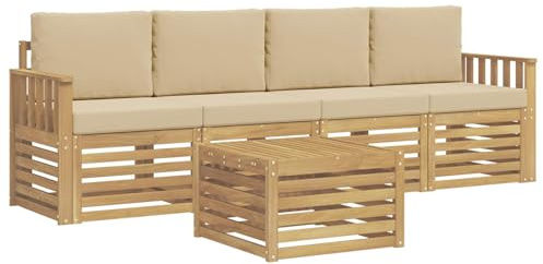 vidaXL Outdoor-Sofagarnitur mit Kissen 5 pcs Weiß und Beige Polyester, Garten Lounge-Sofa, strapazierfähige Außensitzgruppe, modernes Terrassenmöbel, bequemer Wohnbereich