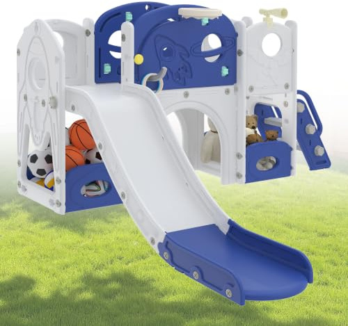 Aufun Tobogán infantil 5 en 1 para niños pequeños, juego multifuncional con tobogán, canasta de baloncesto, túnel, espacio de almacenamiento, escalera de escalada, montaje sin herramientas, juguete