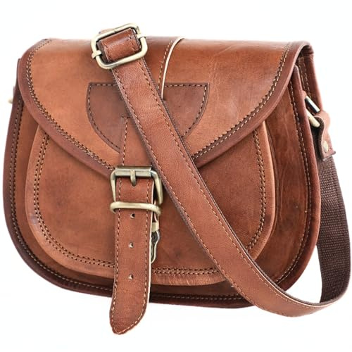 Vintage Umhängetasche aus braunem für Damen aus echtem Leder aus braunem im Used-Look, 23 cm