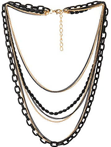 COOLSTEELANDBEYOND Choker Halsketten Statement Halskette Wasserfall Multi-Schichten Schwarz Gold Kette mit Edelsteine Perlenschnur