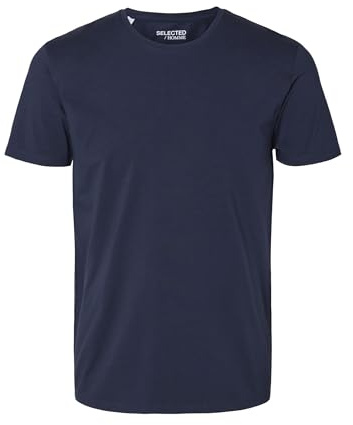 Herr vald basic T-shirt | enfärgad rund hals kortärmad skjorta SLHNEWPIMA | Jersey stretch bomull, Blå (marinblå blazernavy blazer), M