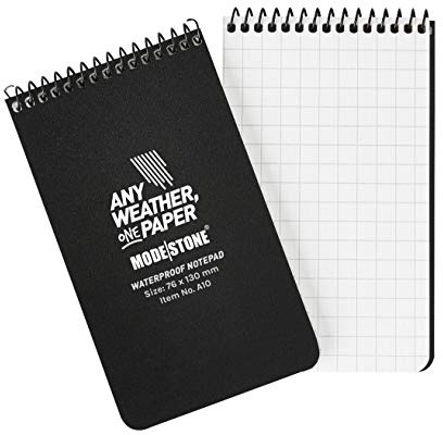 MODESTONE Outdoor Notizblock 7,6 x 13 cm schwarzer Cover | Spiralbindung oben 50 Blätter kariert 7x7mm | wasserfest reißfest feuerfest