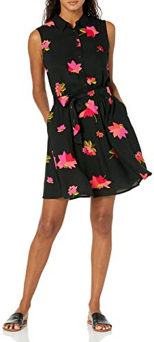 Amazon Essentials Robe Chemise tissée sans Manches pour Femme, Coupe décontractée, Motif Fleurs Noires et Roses, Taille XS