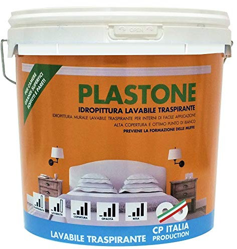 Salone Negozio Online Vernice IDROPITTURA Lavabile Traspirante PLASTONE da LT.14 Bianco Opaco per Interni
