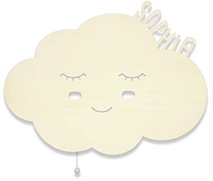 hellomini Schlummerlicht mit Namen personalisiertes Nachtlicht Holz LED Wandlampe Tauf-Geschenk für Mädchen oder Jungen Wiebke die Wolke Motiv Baby-zimmer Kinderzimmer Lampe [Energieklasse A++]