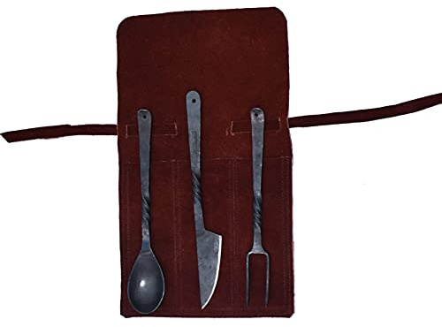 Viking Traders Handgeschmiedeter Schmied Mittelalterlicher Speisesaal Ess-/Schlemmutensilien-Set mit 3-teiligem funktionalem Gabelmesser und Löffel, mittelalterliches Essset, mit Echtledertasche für