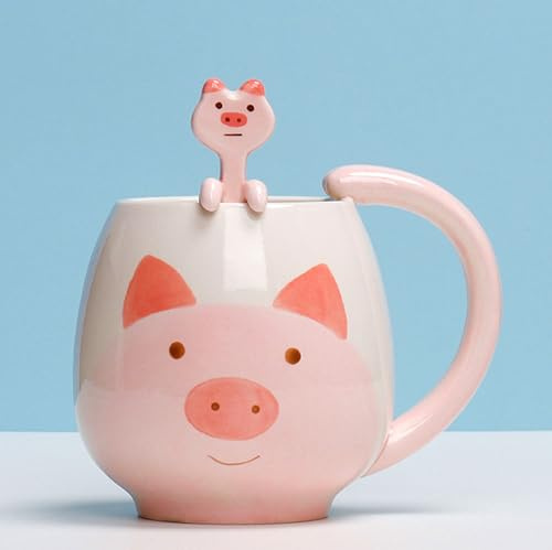 Xfeyaqlo Tazza ceramica con Cucchiaio - Tazze caffe, Latte, colazione - Animale Simpatico Cartone Animato Dipinto a Mano - Maialino rosa