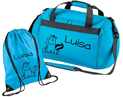 minimutz Sporttasche mit Namen für Mädchen | Motiv Einhorn für Kinder | Personalisieren & Bedrucken | Reisetasche Umhängetasche Duffle Bag (türkis 2-TLG. mit passendem Turnbeutel)