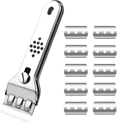 Ailovone Ceranfeldschaber mit Ersatzklingen Edelstahl Ceranfeldschaber Glasschaber Reinigungsschaber mit rutschfestem Griff 10/20 Ersatzklingen mit Doppelschneide Ceranfeldschaber (D1)