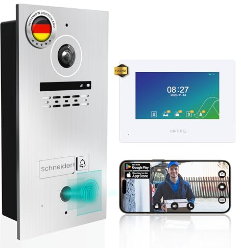 MATHFEL 2 Draht Bus WLAN Video Türsprechanlage mit Fingerprint, Gegensprechanlage Fischaugenkamera 170 Grad Aluminium Außenstation, 1x7'' Monitor weiß mit WLAN Schnittstelle