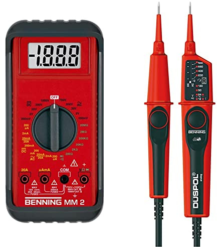 Benning MM 2 Digital-Multimeter (mit digitaler Anzeige, Max. Spannungsmessbereich DC 1000 V) 44028 & DUSPOL analog. Spannungsprüfer (Spannungsmessbereich 12 V - 1000 V AC/DC, Prüfart 2-polig) 50261
