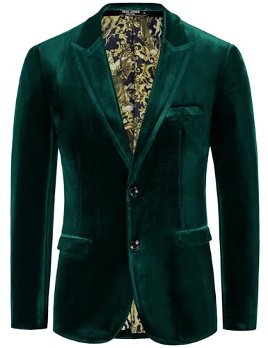 PJ PAUL JONES Mens Velvet Blazer Slim fit Two Button Sport Coat Solid Suit Jacket Dinner Prom Wedding Green L
