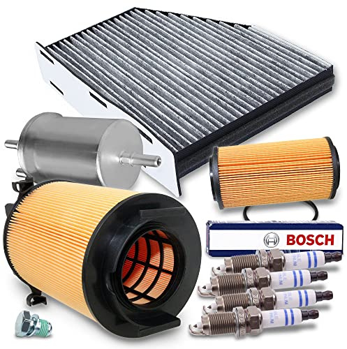 ATEC Germany Inspektionspaket Filterset mit 1x Ölfilter, 1x Luftfilter, 1x Innenraumfilter (Pollenfilter) mit Aktivkohle, 1x Kraftstofffilter, 4x Zündkerze FR7HPP332W,