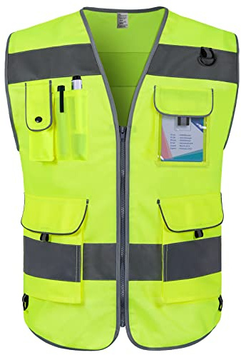Graunton High Visibility Vest 9 Pockets Reflective Safety Work Vest for Men Women, Hi Vis Construction Vest with Reflective Strips, Meets ANSI/ISEA Standards, (UK-Yellow,X- Large)