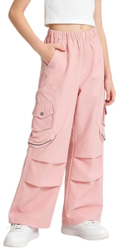 Rolanko Pantalón Cargo Paracaídas Holgado para Niña, Y2K Vintage Joggers con Cintura Elástica Ajustable para Niños Fit, Rosa, Talla:150