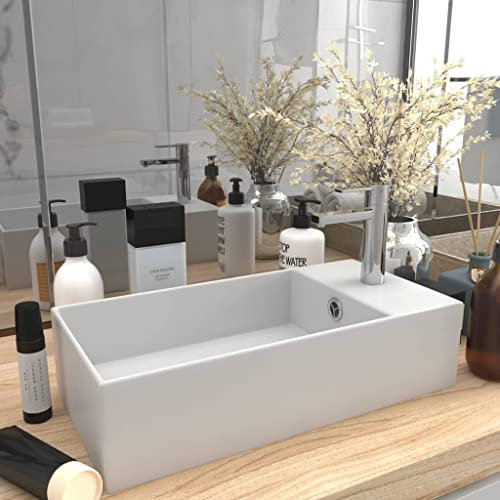 HOMIUSE 48x25x15 cm Lavabo Colgante con Rebosadero Blanco Mate Lavabo Baño Lavabo de Lujo Rectangular Cerámica Lavabo Sobre Encimera Lavamanos Baño Lavabo Piedra Lavabo Suspendido