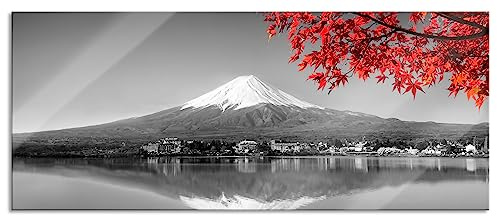Pixxprint Glasbild Panorama, Wandbild aus Echtglas, Berg Fujiyama mit herbstlich rotem Baum B&W Detail, 120x50 cm, inkl. Aufhängung und Abstandshalter