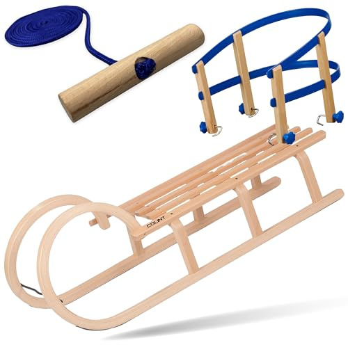 Explorer Colint Holzschlitten mit Rückenlehne für Kinder ab 1 Jahr und Erwachsene Set Schlitten Holz Hörnerschlitten mit Leine und Kunststoff/Holz Rückenlehne in Blau 110cm
