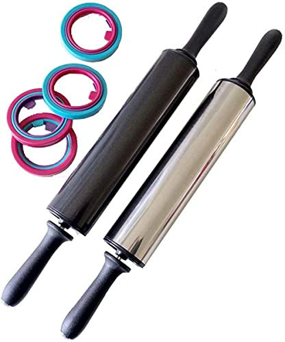 Rodillo de amasar ajustable de acero inoxidable: rodillo de masa antiadherente con anillos guía de espesor extraíbles para hornear pizza, masa de pastel, galletas, pastelería, fondant y glaseado