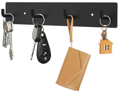 RELBRO Key Holder Wall Mount, Large Metal Self Adhesive Key Rack with 4 Hooks, 2 Installation Options, Black