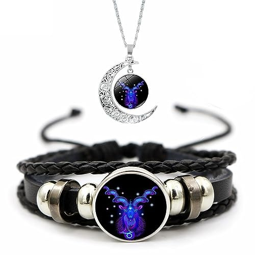 Spirilet Bracelet Zodiac Manifestation, Zodiac Signs Spirit Bracelet, Multilayer Adjustable 12 Constellation Weave Leather Bracelet and Moon Pendant Necklace for Men Women Girls Jewelry Gifts Set