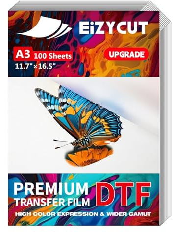 EIZYCUT DTF Transferfolie, A3, 100 Blatt, 29,7 x 41,9 cm, doppelseitig, matt, Premium-DTF-Filmpapier für alle dunklen Stoffe, Textilien und Farben, T-Shirts