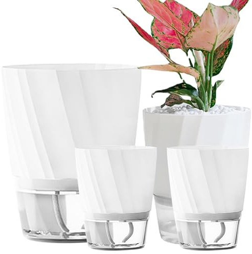 ROLMZJX 4 Pack Self Watering Pots,African Violet Pots，Clear Plastic Round Plant Pots for Succulent, Flowers, Herbs for Office Home Decor（White-Large/Medium/Small）