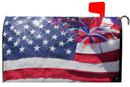 Kcozydecor Fireworks for 4Th of July Independence Day Mailbox Covers Magnetic Standard Size 18 X 21,American Flag Patriotic Mailbox Wraps Post Letter Box Cover for Holiday Garden Yard Decor