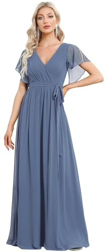 Ever-Pretty Maxi Scollo a V Increspato Busto Chiffon Abito da Sera Formale con Maniche 0164A | Abito per la madre della sposa, abito da matrimonio, estivo, linea A, maniche a volant, plissettato