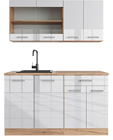 Vicco Küchenzeile R-Line, Weiß Hochglanz/Goldkraft Eiche, 140 cm | 4 Module · Höhenverstellbare Füße · AP Eiche inkl. · Robuste Fronten · Mit Glasschrank · Frei kombinierbar