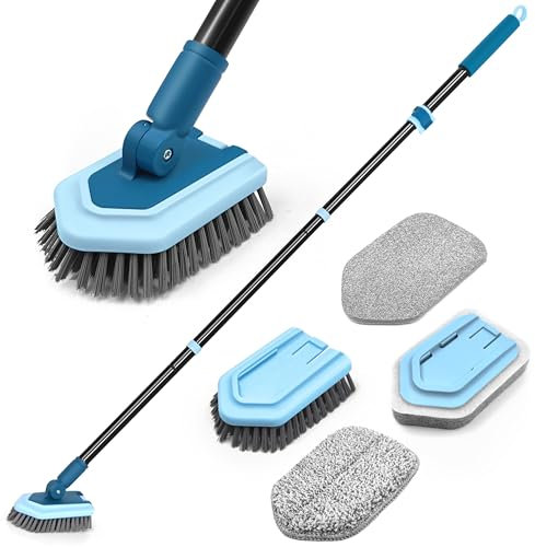 JEHONN Brosse de Nettoyage 4 en 1 avec Long Manche, Brosse à Récurer de Douche, 4 Différentes Brush pour Salle de Bain, Baignoire, Sol, Mur, Plinthe (Bleu)