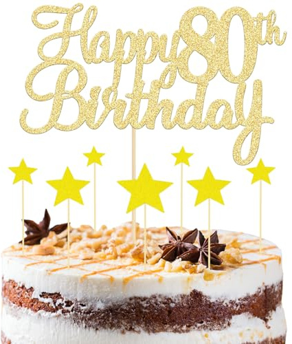 8 Pcs Gold Happy 80th Birthday Cake Topper Set - 1 Main Topper and 7 Star Cupcake Toppers, Glitter Decoration for Anniversary Party Supplies
