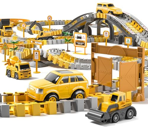 TEMI 236 PCS Autorennbahn Spielzeug für 3 4 5 6 Jahre alte Jungen, Flexible Rennstrecken Playset mit 6 Auto Spielzeug für Kinder, Geburtstagsgeschenk Alter 3-9 Jungen Kleinkind Mädchen