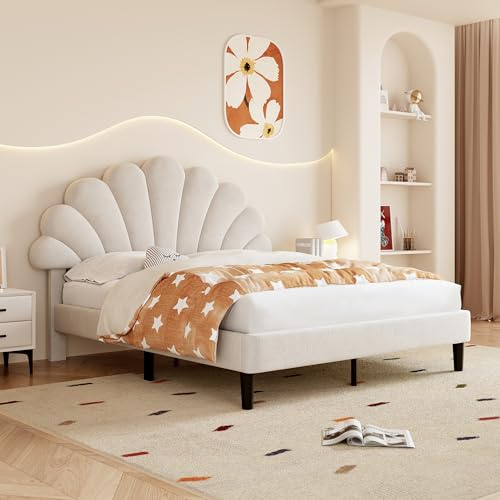 MYBOO 4ft6 Double Bed Frame Upholstered Platform Bed with Height-adjustable Chic Petal Headboard&Solid Wood Slats, Girls Youth Bed Guest Bed Frame for Adults&Teenagers, Velvet, No Mattress, Beige