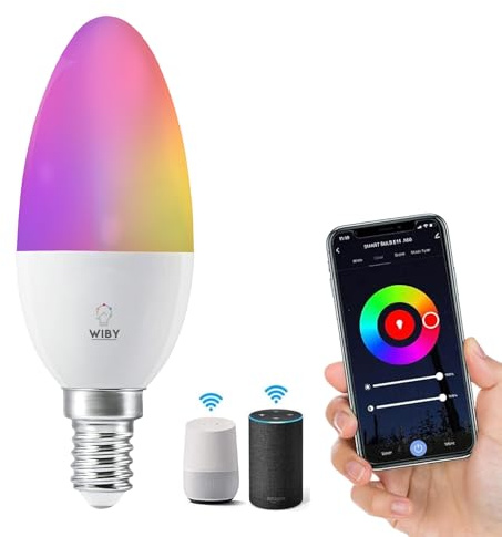 Wiby Lampadina a Oliva Smart Wi-Fi E14 5,5W 400lm RGB + CCT 2700-6500K Dimmerabile, Compatibile con Alexa & Google Home, App Tuya/Smart Life, 1 unità
