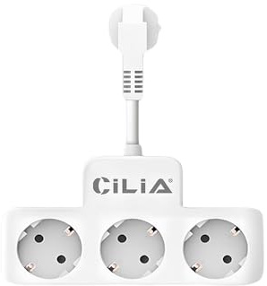 CILIA Grenuttag med 3 uttag med barnsäkring, kort kabel, utrymmesbesparande, AC 230 V 10 A/16 A, för hem, kontor, skrivbord, vit