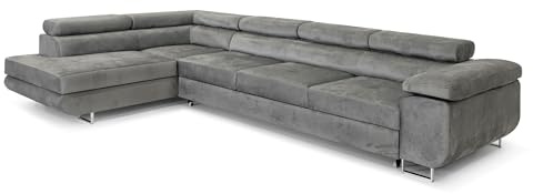 COMFORTINO FURNITURE Ecksofa mit Schlaffunktion PASTI XL L-Form, Sofa Couch mit Bettkasten, Couch Eckcouch, Schlafsofa für Wohnzimmer Couch mit Schlaffunktion (Hellgrau, Ottomane Links)