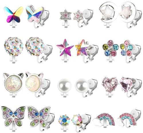 Deepton 12 Paar Ohrclips Kinder Mädchen, Hypoallergene Clip Ohrringe Kinder | Glänzend Klipp Ohrringe Mädchen, Stern Schmetterling Regenbogen und Blumen Ohne Ohrloch Ohrring