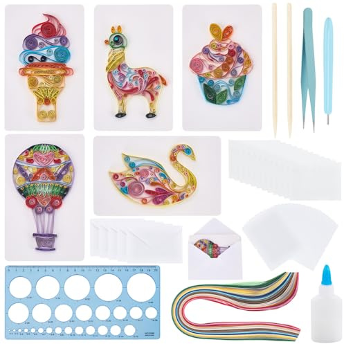 WEBEEDY 20 Set Papier Quilling Set 5 Stile Heißluftballons Schafe Eiscreme Schwan Thema Quilling Grußkarten Bastelset Anleitung Für Erwachsene Anfänger