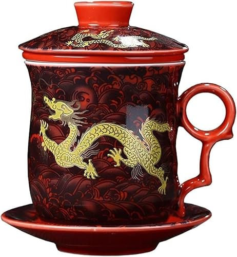 Set di Tazze da tè e caffè in Ceramica Bone China, Tazza da tè in Porcellana Cinese, Tazza da tè con Coperchio infusore e Set piattino 11,8 Once
