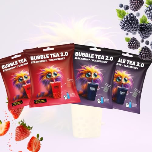 Té de burbujas de fresa y mora 2.0 – Instant Bubble Tea en bolsa con pajitas, fácil preparación, con leche o agua, perfecto para viajes, reciclable, sabor intenso