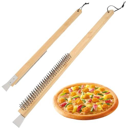 Pizza Oven Brush with Scraper, 1x23 Inch Pizza Brush with Steel Bristles, Extended Bamboo Handle & Hanging Rope, Scrub for Oven BBQ Grill