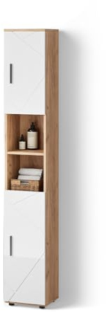 Livinity Badschrank Ronco, Weiß Hochglanz/Goldkraft Eiche, 30 x 192 cm | mit Türen, und offenen Fächern