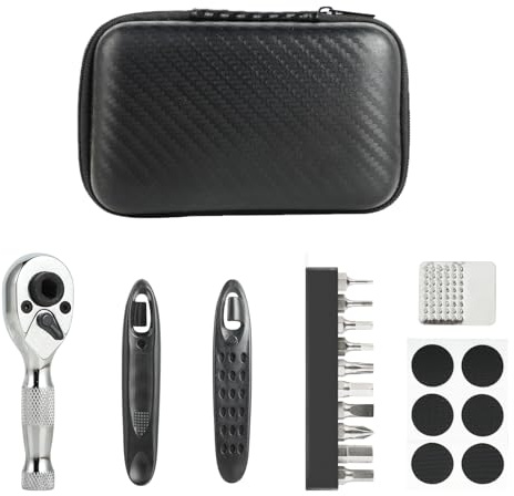 Kit Herramientas Bicicleta Compacto – Multiherramienta Bicicleta con Mini Llave de Carraca, Parches, Palancas y Bits – Accesorios Bicicleta Montaña para Reparaciones Rápidas en Acero Inoxidable