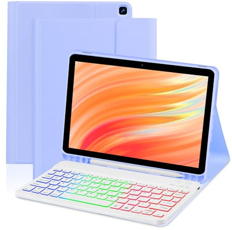 EAMPANG Tablet Case with Keyboard for Amazon Kindle Fire HD 10&10 Plus 11/13th Gen 10.1 inch,7 Color Rainbow Backlit Detachable Keyboard Magnetic Cover with Pen Slot HD 10 2021&2023 Purple+White