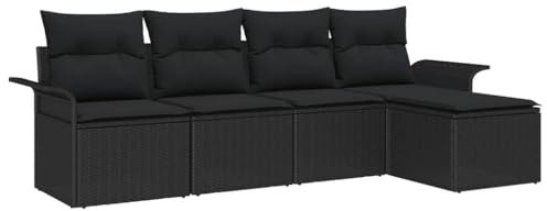 vidaXL Garten-Sofa-Set mit Kissen 5 pcs Schwarz Poly Rattan, Garten und Terrasse, modernes, modulares Outdoor-Sofa, verstellbare Füße, Rattan-Sitzgruppe, wetterfest