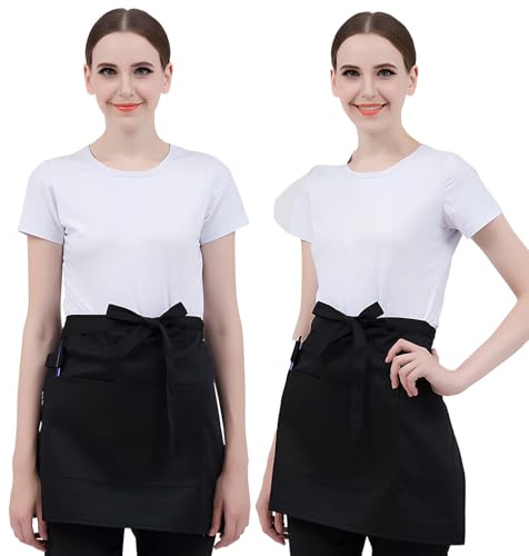 Luxvara 2 Piezas Delantal Cocina para Mujeres Hombres, Delantale Cintura, Delantal de Cocinero, Delantals de Camarero con 2 Bolsillo, Delantale Corto para Chef Restaurante Bar (58×43cm) (Negro)