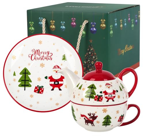 Topsky Ceramic Tea for One Teapot Set with Cup & Saucer, Christmas Style Design in Festive Gift Box, Microwave & Dishwasher Safe, Ideal Christmas & Birthday Gift for Family, Friends and Tea Lovers