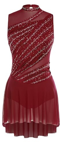 Winnrchan Lyrical Dance Costume for Women Rhinestone Figure Skating Dresses Sleeveless Ballet Dancewear Burgundy Small