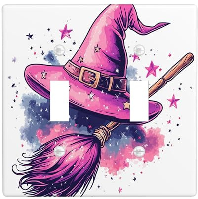 Halloween Witch Magic Broom Decorative Light Switch Cover Wall Plate 2 Gang Double Toggle, Fun Cartoon Witchy Hat Electrical Faceplate for Room, Cool Kid Switchcover Switchplate